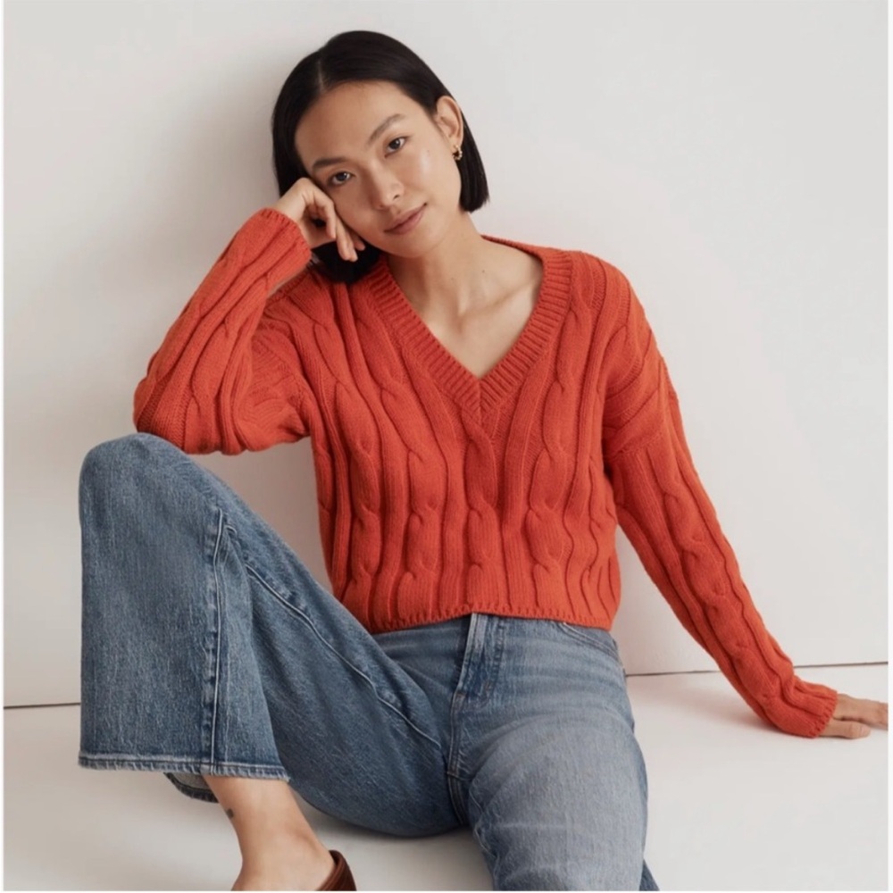 Madewell Cable Knit V Neck Crop Sweater Orange